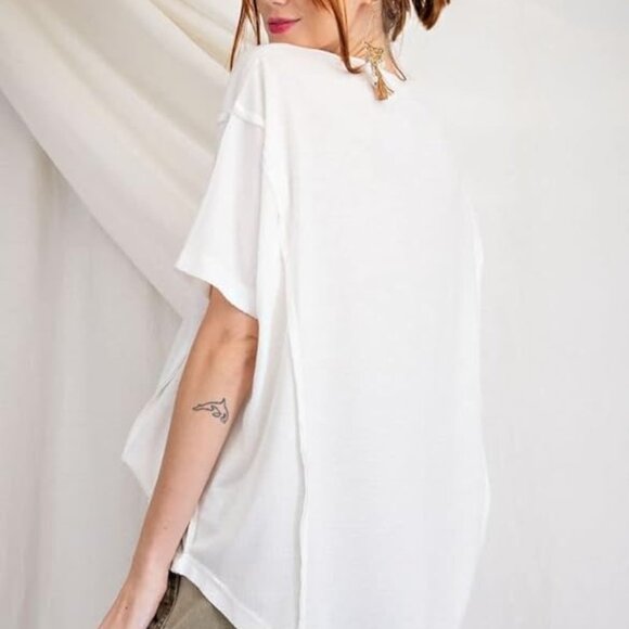 Easel Oversized Ribbed Knit Rounded Hem Exposed Seams Ivory Top Size M - Picture 6 of 9